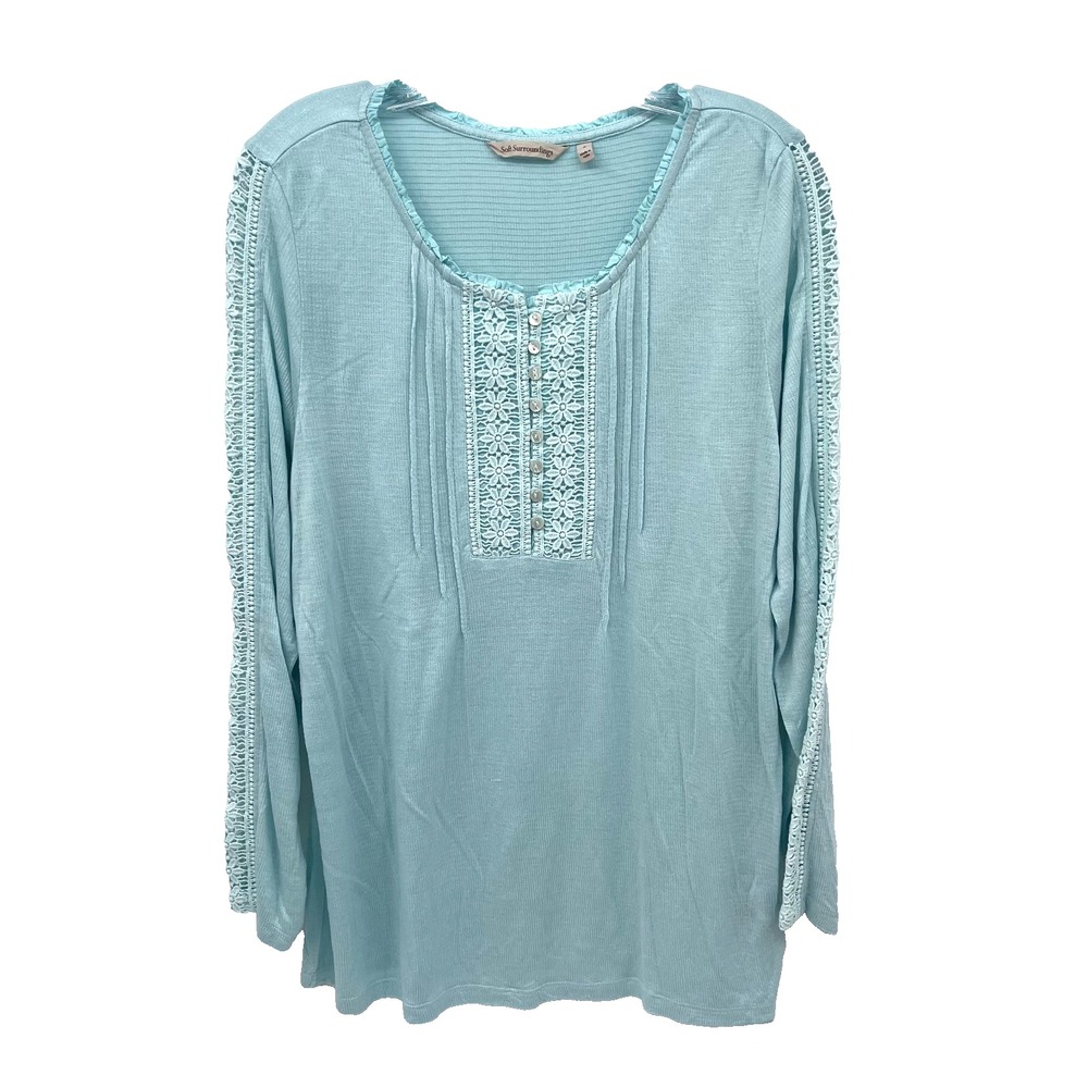SOFT SURROUNDINGS Women's Sz S Aqua Long-Sleeve Faux Button Crocheted Lace Shirt